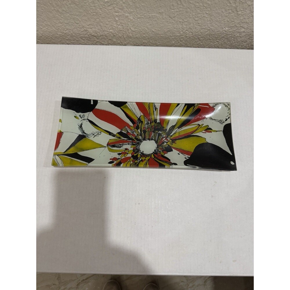Black Thistle Glass Serving Tray Abstract Multicolor Trinket Dish Modern Floral